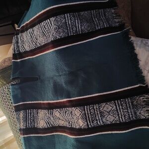 Teal and Black Striped Blanket Poncho
